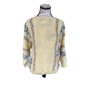 VTG Bay Point Threads Yellow Floral Knit Sweater Large Pullover Keyhole Neck